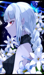 Rule 34 | 1girl, blue butterfly, braid, braided ponytail, bug, butterfly, expressionless, flower, from side, goma irasuto, highres, insect, lily (flower), long hair, original, red eyes, shirt, sleeveless, sleeveless shirt, solo, white hair, white theme