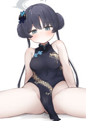 Rule 34 | 1girl, absurdres, bare shoulders, black hair, blue archive, blue eyes, blush, breasts, cameltoe, china dress, chinese clothes, covered erect nipples, double bun, dress, hair bun, hair ornament, halo, highres, kisaki (blue archive), long hair, looking at viewer, mashiro latte (msrn39), medium breasts, no panties, sitting, solo, spread legs, twintails, very long hair
