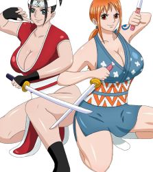 Rule 34 | 2girls, alternate costume, black hair, breasts, cleavage, fighting stance, highres, japanese clothes, kimono, large breasts, long hair, multiple girls, nami (one piece), nami (one piece) (wano), nico robin, ninja, ninja clothes, official alternate costume, one piece, orange hair, short kimono, smile, tattoo, very long hair, wide hips