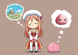 Rule 34 | 1girl, :3, acolyte (ragnarok online), arch bishop (ragnarok online), black footwear, blue sky, book, breasts, brown background, brown shirt, brown thighhighs, capelet, chibi, cleavage cutout, closed eyes, closed mouth, clothing cutout, cloud, commentary request, cross, dress, fishnet thighhighs, fishnets, flower, full body, hat, hat flower, holding, holding book, holding weapon, imagining, long hair, mace, migorz, mountain, open mouth, pink hair, pointy ears, poring, purple flower, ragnarok online, red dress, red flower, remembering, shirt, simple background, skirt, sky, slime (creature), small breasts, spiked mace, spikes, thighhighs, two-tone dress, weapon, white capelet, white dress, white headwear, white skirt, white thighhighs