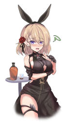 Rule 34 | 1girl, alcohol, arm under breasts, azur lane, black dress, black gloves, black hairband, blonde hair, blush, breasts, center opening, commentary request, cowboy shot, cross, cup, dress, fading, flower, gloves, hair between eyes, hair flower, hair ornament, hairband, highres, large breasts, long bangs, looking at viewer, open mouth, purple eyes, red flower, red rose, rose, shiro beer, short hair, simple background, smile, solo, squiggle, table, thigh strap, whiskey, white background, z23 (azur lane), z23 (schwarze hochzeit) (azur lane)