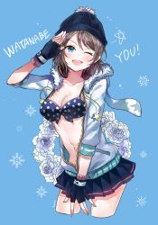 Rule 34 | 1girl, absurdres, beanie, bikini, blue background, blue eyes, blush, breasts, brown hair, character name, cleavage, fingerless gloves, flower, gloves, hat, highres, hyugo, looking at viewer, love live!, love live! school idol festival, love live! sunshine!!, md5 mismatch, medium breasts, one eye closed, open mouth, polka dot, polka dot bikini, resolution mismatch, rose, salute, short hair, simple background, smile, solo, source smaller, star (symbol), swimsuit, watanabe you