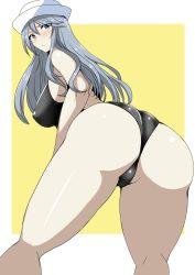 Rule 34 | 1girl, ass, blue eyes, blush, breasts, dixie cup hat, flint (girls und panzer), from behind, girls und panzer, hat, hifumi hajime, highres, leaning forward, long hair, looking at viewer, looking back, military hat, one-piece swimsuit, silver hair, solo, swimsuit