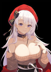 Rule 34 | 1girl, aran sweater, azur lane, baseness, belfast (azur lane), belfast (shopping with the head maid) (azur lane), beret, black background, black skirt, blush, breast hold, breasts, brown sweater, cable knit, choker, cleavage, collarbone, earrings, food, hat, highres, hoop earrings, jewelry, large breasts, long hair, looking at viewer, nail polish, off-shoulder sweater, off shoulder, pocky, red hat, silver hair, simple background, skirt, smile, solo, sweater, upper body
