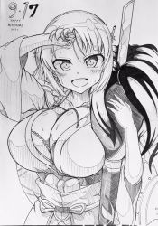 Rule 34 | 1girl, 2020, bashou (senran kagura), between breasts, blush, bow, bra, bra peek, breasts, cleavage, female focus, greyscale, happy birthday, head tilt, holding, japanese clothes, jin homuhomu, kimono, large breasts, looking at viewer, monochrome, open mouth, ribbon, senran kagura, senran kagura (series), solo, sweat, tagme, traditional media, underwear, wiping forehead