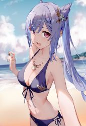 Rule 34 | 1girl, :d, absurdres, bare arms, bare shoulders, beach, bikini, braid, breasts, cleavage, collarbone, cone hair bun, cowboy shot, day, front-tie bikini top, front-tie top, genshin impact, hair bun, hair ornament, highres, jewelry, keqing (genshin impact), long hair, looking at viewer, medium breasts, nail polish, navel, necklace, open mouth, outdoors, purple hair, red eyes, side-tie bikini bottom, sidelocks, smile, solo, stomach, string bikini, swimsuit, twintails, xkirara39x