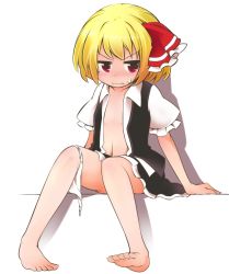 1girl barefoot blonde_hair blush female_focus full_body hair_ribbon jagabutter open_clothes panties panties_around_leg red_eyes ribbon rumia short_hair sitting solo touhou underwear