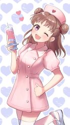 Rule 34 | 1girl, ;d, blush, bow, breasts, brown hair, cowboy shot, double bun, dress, hair bow, hair bun, hair ribbon, hand on own hip, hand up, hat, heart, heart background, holding, holding syringe, idolmaster, idolmaster cinderella girls, idolmaster cinderella girls starlight stage, large syringe, munakata atsumi, nurse, nurse cap, one eye closed, open mouth, oversized object, pink dress, purple background, purple eyes, red ribbon, ribbon, shoes, short hair, short sleeves, small breasts, smile, solo, standing, standing on one leg, syringe, thighhighs, tori ririisu, white thighhighs
