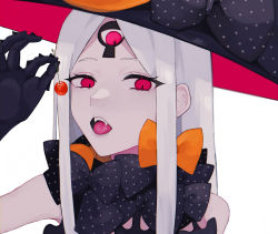Rule 34 | 1girl, abigail williams (fate), abigail williams (third ascension) (fate), absurdres, bad id, bad pixiv id, black bow, black gloves, black headwear, bow, cherry, fangs, fate/grand order, fate (series), food, fruit, gloves, hair bow, hat, highres, keyhole, long hair, looking at viewer, multiple bows, orange bow, parted bangs, polka dot, polka dot bow, red eyes, slit pupils, sumi (gfgf 045), third eye