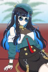 Rule 34 | 1girl, absurdres, alternate costume, bare shoulders, black hair, blue hair, breasts, facial mark, fate/grand order, fate (series), glasses, gold, hat, highres, tenochtitlan (fate), jacket, multicolored hair, non-web source, simple background, small breasts, solo, sunglasses, thighhighs, white background