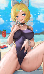 Rule 34 | 1girl, absurdres, black choker, black one-piece swimsuit, blonde hair, blue eyes, blue sky, bow, breasts, chinese commentary, choker, cloud, commentary request, competition swimsuit, cowboy shot, day, drink, hair bow, highleg, highleg swimsuit, highres, jixo (user nzhc8728), large breasts, multicolored nails, nail polish, one-piece swimsuit, original, outdoors, short hair, sitting, sky, solo, spread legs, swimsuit, two-tone swimsuit, water