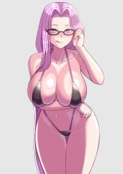 Rule 34 | 1girl, arm under breasts, bare shoulders, bikini, black bikini, blush, breasts, cleavage, closed mouth, collarbone, fate/stay night, fate (series), forehead, glasses, highleg, highleg bikini, highres, large breasts, licking lips, long hair, looking at viewer, medusa (fate), medusa (rider) (fate), navel, parted bangs, purple eyes, purple hair, shichitsufuji, simple background, slingshot swimsuit, smile, swimsuit, thighs, tongue, tongue out, very long hair