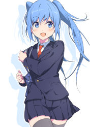 Rule 34 | 1girl, blazer, blue eyes, blue hair, cowboy shot, hatsune miku, itotokai, jacket, long hair, looking at viewer, necktie, open mouth, pleated skirt, sidelocks, skirt, solo, thighhighs, twintails, vocaloid