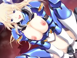 Rule 34 | armor, blonde hair, censored, cowgirl position, cum, girl on top, happy, justice blade, justice blade 3, long hair, magical girl, rashetto goldwell, sentai, sex, smile, straddling, vaginal