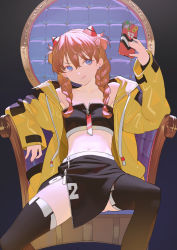 Rule 34 | 1girl, :q, alternate hairstyle, black skirt, black thighhighs, blue eyes, braid, breasts, brown hair, cellphone, collarbone, earrings, eva 02, hairpods, highres, hood, hooded jacket, interface headset, jacket, jewelry, looking to the side, midriff, navel, neon genesis evangelion, open clothes, open jacket, phone, selfie, sitting, skirt, sleeves past wrists, small breasts, smartphone, smartphone case, solo, souryuu asuka langley, strapless, thighhighs, throne, timbougami, tongue, tongue out, tube top, twin braids, yellow jacket, zipper pull tab, zipper skirt