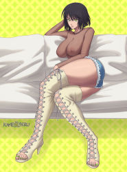Rule 34 | 1girl, black hair, breasts, cutoffs, facing viewer, fubuki (one-punch man), full body, green eyes, green toenails, large breasts, looking at viewer, nipples, no bra, no socks, one-punch man, see-through, short hair, sitting, solo, thick thighs, thighs