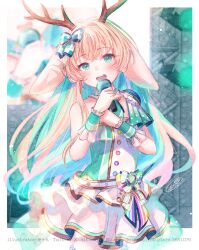 Rule 34 | 1girl, :d, animal ears, antlers, bare shoulders, blonde hair, blue bow, blue hair, bluesky username, bow, breasts, commentary request, dress, green eyes, hair bow, head tilt, highres, holding, holding microphone, horns, ittokyu, long hair, looking at viewer, microphone, multicolored hair, nanashi inc., open mouth, pixiv id, pleated dress, signature, small breasts, smile, solo, tsukinoki tirol, twitter username, two-tone hair, very long hair, virtual youtuber, white dress, wrist cuffs