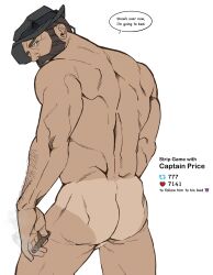Rule 34 | 1boy, arm hair, ass, back, bara, beard, black hair, bonjourdraws, call of duty, call of duty: modern warfare 2, captain price, cigar, completely nude, english text, facial hair, hat, highres, holding, holding cigar, like and retweet, male focus, meme, muscular, muscular male, nude, short hair, simple background, solo, twitter strip game (meme), white background