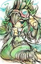 Rule 34 | 1girl, aqua eyes, beak, belt, brown belt, character name, closed mouth, crop top, eyebrows, eyelashes, facing away, feather hair, feathered hair, feathers, finch (xenoblade), fur collar, gem, goggles, goggles on head, green hair, highres, long hair, looking at viewer, nintendo, sasaki shou, sitting, sketch, smile, solo, talons, wariza, xenoblade chronicles (series), xenoblade chronicles 2