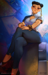 Rule 34 | 1girl, black footwear, black hair, blue dress, blue pants, bracelet, breasts, brown eyes, capcom, center opening, china dress, chinese clothes, chun-li, cleavage, commentary, crossed legs, double bun, dress, earrings, english commentary, eyeshadow, flats, full body, hair bun, hair ribbon, jewelry, leggings, looking to the side, makeup, medium breasts, multicolored clothes, multicolored dress, nextoad, pants, red eyeshadow, ribbon, short hair, sitting, solo, street fighter, street fighter 6, thick thighs, thighs, tight clothes, tight pants