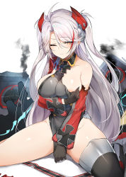Rule 34 | 1girl, antenna hair, azur lane, blush, breasts, covering privates, covering crotch, cross, damaged, gloves, hair between eyes, headgear, iron cross, large breasts, leotard, long hair, long sleeves, looking at viewer, luse maonang, mole, mole on breast, multicolored hair, nipple slip, nipples, one eye closed, prinz eugen (azur lane), red hair, rigging, silver hair, simple background, sitting, skindentation, smoke, solo, streaked hair, thighhighs, torn clothes, two side up, very long hair, white background
