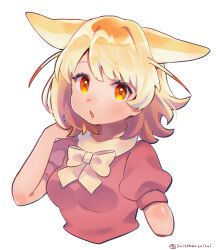 Rule 34 | 1girl, animal ears, blonde hair, blush, bow, breasts, eyelashes, fennec (kemono friends), fox ears, fox girl, highres, kemono friends, medium breasts, orange eyes, parted lips, pink shirt, shirt, short hair, simple background, solo, suicchonsuisui, upper body, white background, white bow