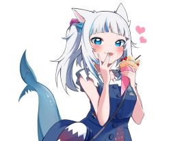 Rule 34 | 1girl, animal ears, blue dress, blue eyes, blue hair, blunt bangs, blush, breasts, cat ears, commentary, crepe, cube hair ornament, dress, eating, fangs, fangs out, fins, fish tail, food, fruit, gawr gura, gawr gura (casual), hair ornament, hand to own mouth, heart, highres, holding, holding food, hololive, hololive english, long hair, looking at viewer, multicolored hair, nail polish, shark tail, shirt, side ponytail, simple background, solo, strawberry, streaked hair, symbol-only commentary, tail, tongue, tongue out, upper body, virtual youtuber, white background, white hair, white shirt, zzz (illustr speaker)