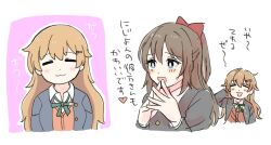 Rule 34 | 2girls, :3, behind another, blue eyes, blush, brown hair, chibi, closed eyes, closed mouth, commentary, hair between eyes, hair ornament, hair ribbon, hairclip, half-closed eyes, hand on own head, heart, highres, in-franchise crossover, konoe kanata, long hair, love live!, love live! nijigasaki high school idol club, multiple girls, nijigasaki academy school uniform, nijiyon animation, open mouth, osaka shizuku, own hands together, ponytail, ribbon, school uniform, sketch, smile, solllolll, sound effects, spoken heart, translated, white background, yuri