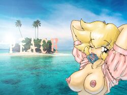 Rule 34 | 1girl, absurdres, arms behind head, arms up, beach, blonde hair, blue eyes, breasts, come hither, condom, condom in mouth, condom wrapper, empty-promises, highres, large breasts, lipstick, long hair, looking at viewer, makeup, mario (series), mouth hold, nintendo, nipples, no bra, ocean, one eye closed, princess peach, seductive smile, smile, solo, super mario bros. 1, water
