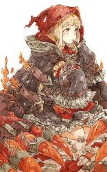 Rule 34 | 1girl, blonde hair, blunt bangs, book, chain, claws, cloak, collared shirt, dress, fire, frilled dress, frilled sleeves, frills, hair ribbon, hood, hood up, kneeling, long hair, long sleeves, mouth hold, orange eyes, petticoat, red riding hood (sinoalice), ribbon, seiza, shirt, sidelocks, simple background, sino nb3, sinoalice, sitting, sleeves past fingers, sleeves past wrists, solo, wavy hair, white background