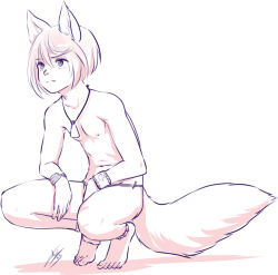 Rule 34 | 1boy, absurdres, animal ears, anklet, aogami, bracelet, commentary, commission, english commentary, fox boy, fox ears, fox tail, greyscale, highres, jewelry, light frown, loincloth, male focus, monochrome, navel, necklace, original, pendant, signature, solo, squatting, tail