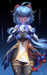Rule 34 | 1girl, ahoge, bare shoulders, bell, black gloves, black legwear, blue hair, blush, breasts, chinese knot, detached sleeves, flower knot, ganyu (genshin impact), genshin impact, gloves, gold trim, highres, long hair, looking to the side, medium breasts, neck bell, nithros, orb, pelvic curtain, purple eyes, qilin (mythology), red rope, rope, sidelocks, signature, smile, solo, tassel, thigh gap, thighlet, thighs, vision (genshin impact), white sleeves