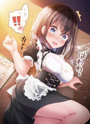 Rule 34 | !, !!, ...?, 1girl, ^^^, absurdres, apron, black bow, black hair, black skirt, blue eyes, blush, bow, bra, bra visible through clothes, breasts, clipboard, cup, drinking glass, frilled apron, frills, hair between eyes, hand up, highres, ice, ice cube, large breasts, lying, maid, menu, nose blush, on floor, on side, open mouth, original, pleated skirt, puffy sleeves, purple bra, see-through, shiro kuma shake, shirt, skirt, solo, spill, sweat, underwear, waist apron, water, wet, wet apron, wet clothes, wet shirt, white apron, wooden floor