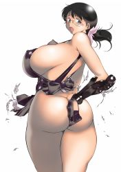 Rule 34 | 1girl, ass, black hair, blush, bottomless, breasts, cattleya (queen&#039;s blade), cattleya (queen's blade), covered erect nipples, curvy, glasses, gloves, highres, hip focus, huge breasts, lip van winkle, queen&#039;s blade, solo, torn clothes, wardrobe malfunction, weapon merchant cattleya, wide hips
