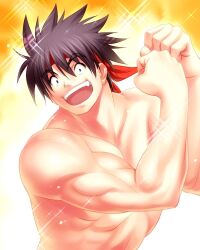 Rule 34 | 1boy, :d, abs, biceps, black hair, blue eyes, clenched hands, commentary request, excited, fang, hands up, head tilt, headband, highres, inohara masato, little busters!, looking at viewer, muscular, muscular male, nude, open mouth, red headband, second-party source, short hair, simple background, smile, solo, sparkle, spiked hair, triceps, upper body, wide-eyed, yellow background, zen (kamuro)