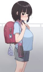 Rule 34 | 1girl, backpack, bag, black eyes, black hair, blue shirt, blush, breasts, commentary request, cowboy shot, grey shorts, highres, large breasts, looking at viewer, oppai loli, original, profile, randoseru, shirt, shorts, smile, solo, standing, t-shirt, thermos, tozaumo