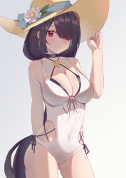 Rule 34 | 1girl, absurdres, arm behind back, blue archive, breasts, cleavage, closed mouth, collarbone, covered navel, cross, cross earrings, earrings, flower, flower hat, gradient background, grey background, hair over one eye, hat, highres, hinata (blue archive), hinata (swimsuit) (blue archive), hitori yui, jewelry, long hair, looking at viewer, medium breasts, official alternate costume, one-piece swimsuit, red eyes, smile, solo, swimsuit, thighs, very long hair, white flower, white one-piece swimsuit, yellow hat