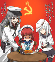 Rule 34 | 3girls, alcohol, aqua neckwear, belt, black gloves, bottle, braid, breasts, chair, closed eyes, closed mouth, cup, drinking glass, etorofu (kancolle), flat cap, food, gangut (kancolle), gloves, grey hair, hammer and sickle, hand on another&#039;s shoulder, hat, hibiki (kancolle), holding, kantai collection, long hair, long sleeves, multiple girls, open mouth, plate, pleated skirt, red background, red hair, sailor collar, sailor hat, school uniform, serafuku, shaded face, short hair, shot glass, side braids, sitting, skirt, star (symbol), table, thighhighs, translation request, verniy (kancolle), vodka, wavy mouth, white hair, yoohei (pizzadev)