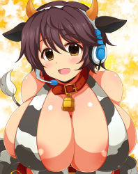 Rule 34 | 10s, 1girl, afuro, animal ears, animal print, areola slip, bare shoulders, bell, breasts, brown eyes, brown hair, cleavage, collar, cow ears, cow horns, cow print, cow tail, horns, huge breasts, idolmaster, idolmaster cinderella girls, idolmaster cinderella girls starlight stage, neck bell, oikawa shizuku, short hair, solo, tail