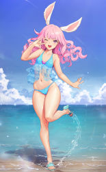 Rule 34 | 1girl, :d, \m/, absurdres, animal ears, arm up, beach, bikini, blue bikini, blue footwear, blue sky, breasts, cleavage, cloud, curly hair, day, elin, extra ears, foot up, frilled bikini, frills, full body, hand to own mouth, hand up, heart, high heels, highres, horizon, knees together feet apart, leg up, legs, lens flare, long hair, looking at viewer, navel, ocean, one eye closed, open mouth, outdoors, pink eyes, pink hair, rabbit ears, shoes, sky, small breasts, smile, solo, standing, standing on one leg, swimsuit, teeth, tera online, thighs, toes, upper teeth only, water, wavy hair, y.i. (lave2217)