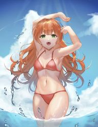 Rule 34 | 1girl, arms up, bikini, blue sky, breasts, cloud, cowboy shot, day, green eyes, himeno hera, looking at viewer, orange hair, original, outdoors, red bikini, sky, small breasts, smile, soaking feet, solo, standing, swimsuit, wading, water