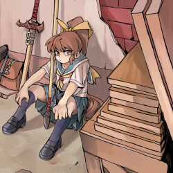Rule 34 | 1girl, bag, bow, bowtie, box, brown hair, closed mouth, long hair, looking at viewer, orange eyes, original, outdoors, polearm, rightorisamraido3, school uniform, sitting, skirt, solo, spear, sword, very long hair, weapon, yellow bow, yellow bowtie
