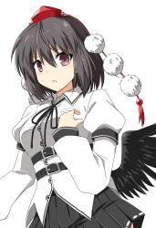 Rule 34 | 1girl, absurdres, belt, bird wings, black belt, black hair, black ribbon, black skirt, black wings, brown eyes, collared shirt, cowboy shot, eyebrows hidden by hair, hair between eyes, hand on own chest, hat, highres, juliet sleeves, long sleeves, looking at viewer, neck ribbon, open mouth, pom pom (clothes), puffy sleeves, red ribbon, ribbon, rise (rise19851203), shameimaru aya, shirt, short hair, simple background, skirt, solo, standing, tokin hat, touhou, white background, white shirt, wings