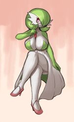Rule 34 | 1girl, absurdres, arm at side, bob cut, breasts, collarbone, colored skin, creatures (company), crossed legs, female focus, full body, game freak, gardevoir, gen 3 pokemon, gradient background, green hair, green skin, hair over one eye, hand up, high heels, highres, invisible chair, ivvvle, large breasts, legs, looking to the side, multicolored skin, nintendo, one eye covered, open mouth, orange background, pokemon, pokemon (creature), red eyes, red footwear, shoes, short hair, simple background, sitting, solo, two-tone skin, white skin