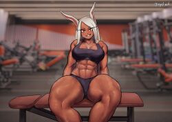 Rule 34 | 1girl, abs, absurdres, animal ears, bare shoulders, black buruma, black sports bra, blurry, blurry background, boku no hero academia, breasts, buruma, cleavage, collarbone, dark-skinned female, dark skin, grin, gym, highres, indoors, large breasts, long eyelashes, long hair, looking at viewer, midriff, mirko, muscular, muscular female, navel, nyalinch, obliques, parted bangs, rabbit ears, rabbit girl, red eyes, sitting, smile, solo, sports bra, steaming body, stomach, sweat, thick thighs, thighs, twitter username, weight bench, white hair