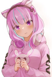 Rule 34 | 1girl, absurdres, animal ear fluff, animal ears, aqua hair, bad id, bad pixiv id, black hairband, blunt bangs, blush, cat ears, commentary request, hair ornament, hairband, headphones, headphones around neck, highres, hitsujisnow, hololive, long sleeves, looking at viewer, minato aqua, multicolored hair, pajamas, pink hair, pink pajamas, purple eyes, short hair, simple background, solo, two-tone hair, virtual youtuber, white background