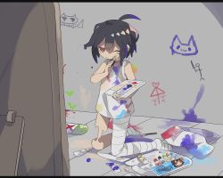 Rule 34 | 1girl, bandages, black hair, dress, female focus, highres, invisible, invisible girl, kneeling, mirror, one eye closed, original, paint, paint on clothes, paintbrush, painting (action), palette (object), red eyes, slit pupils, solo, uenomigi, white dress