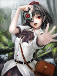 Rule 34 | 1girl, armpit peek, bad id, bad pixiv id, bag, belt, black hair, bow, camera, hat, looking at viewer, nishi masakazu, open mouth, outstretched arm, outstretched hand, pen, red eyes, river, shameimaru aya, shirt, short sleeves, shoulder bag, skirt, smile, solo, tokin hat, touhou, water, waterfall