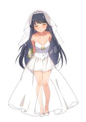 Rule 34 | 1girl, arms behind back, blue hair, blush, bouquet, breasts, bridal gauntlets, bridal veil, bride, cleavage, collarbone, commentary, dress, closed eyes, flower, high heels, highres, hotaru iori, implied yuri, incoming kiss, long hair, second-party source, see-through, shima rin, shoes, small breasts, solo, veil, very long hair, wedding dress, yurucamp