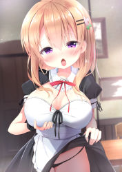 Rule 34 | 1girl, alternate costume, apron, black dress, black panties, blurry, blurry background, blush, breasts, chair, cleavage, clothes lift, commentary request, depth of field, detached collar, dress, dress lift, fingernails, frilled apron, frills, gochuumon wa usagi desu ka?, hair between eyes, hair ornament, hairclip, highres, hoto cocoa, indoors, kouda suzu, large breasts, lifted by self, light brown hair, long hair, looking at viewer, open mouth, panties, picture frame, puffy short sleeves, puffy sleeves, purple eyes, saliva, short sleeves, solo, table, tongue, tongue out, underwear, white apron